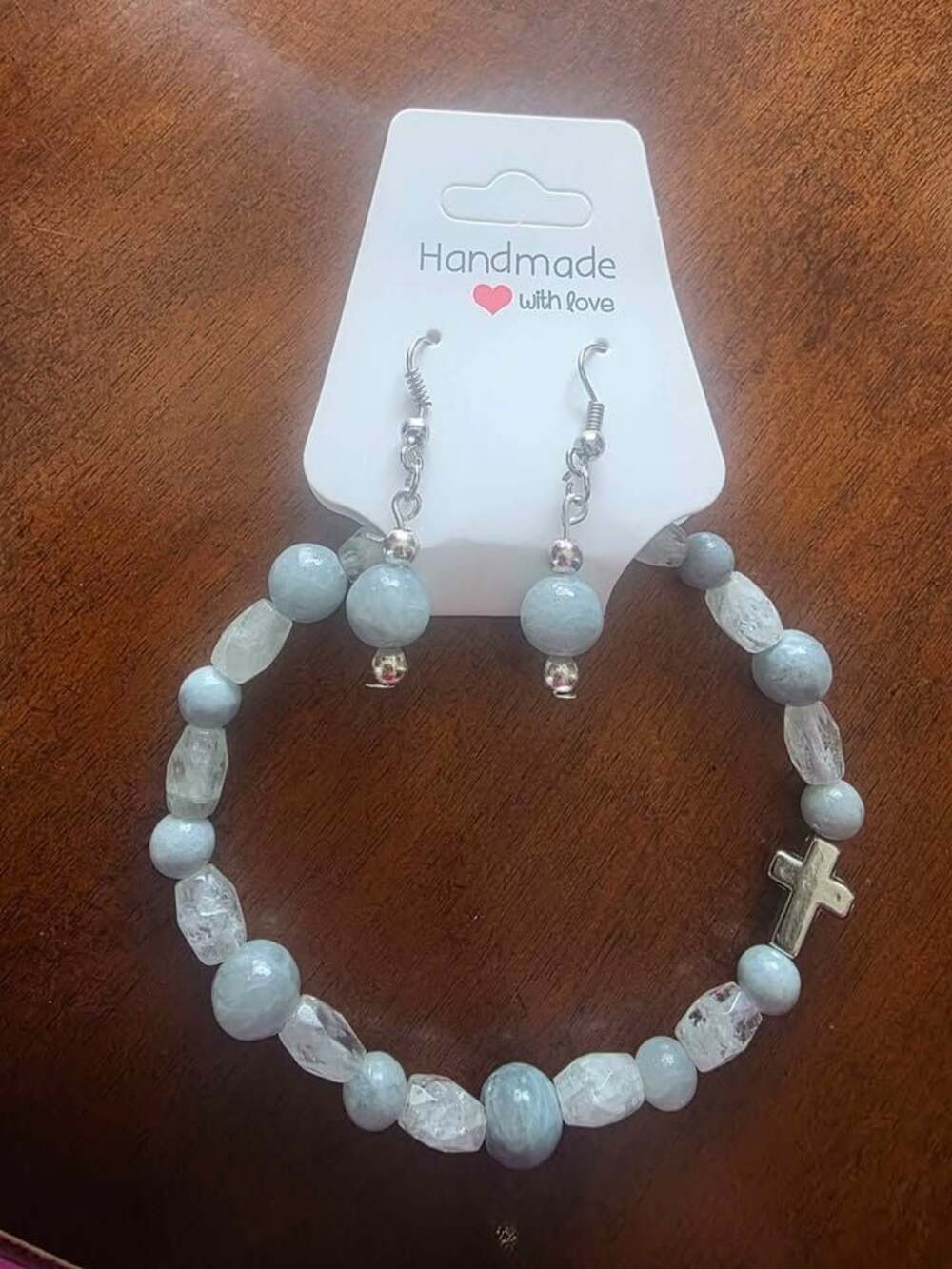 Handmade Aquamarine Clear Quartz Cross Bracelet & Earring Jewelry Set